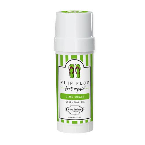 A 1.75oz container of PUREfactory Naturals' Flip Flop Essential Oils Foot Repair by Pure Naturals, featuring lime sugar scent and natural antibacterial essential oils, is labeled with green stripes and flip flop icons.