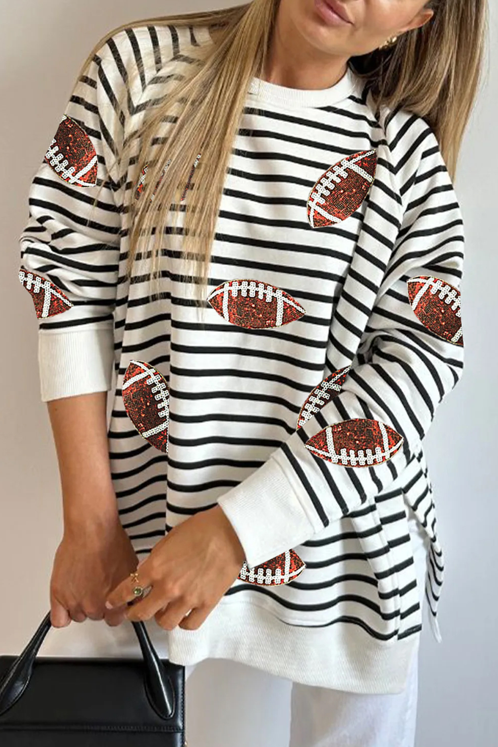 Black Stripe Sequin Football Side Slits Oversized Sweatshirt