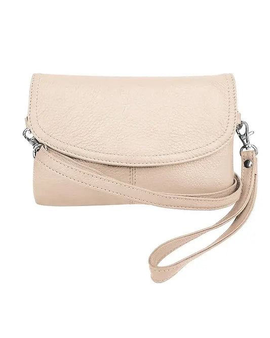The Roma Leathers, Inc. Cowhide Leather Crossbody Clutch Bag in beige features a fold-over flap and detachable strap, displayed against a white background.