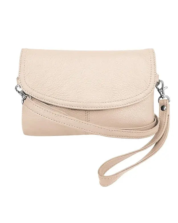 The Roma Leathers, Inc. Cowhide Leather Crossbody Clutch Bag in beige features a fold-over flap and detachable strap, displayed against a white background. Main image