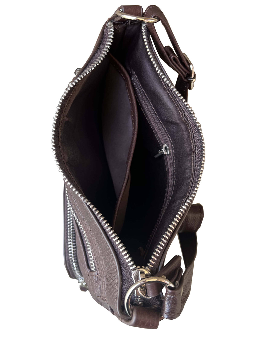 The 3018 Crossbody shoulder bag with organizer front by Roma Leathers, Inc. is shown from above with the main zipper open, revealing a spacious compartment, inner pocket, and silver hardware.