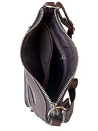 The 3018 Crossbody shoulder bag with organizer front by Roma Leathers, Inc. is shown from above with the main zipper open, revealing a spacious compartment, inner pocket, and silver hardware.