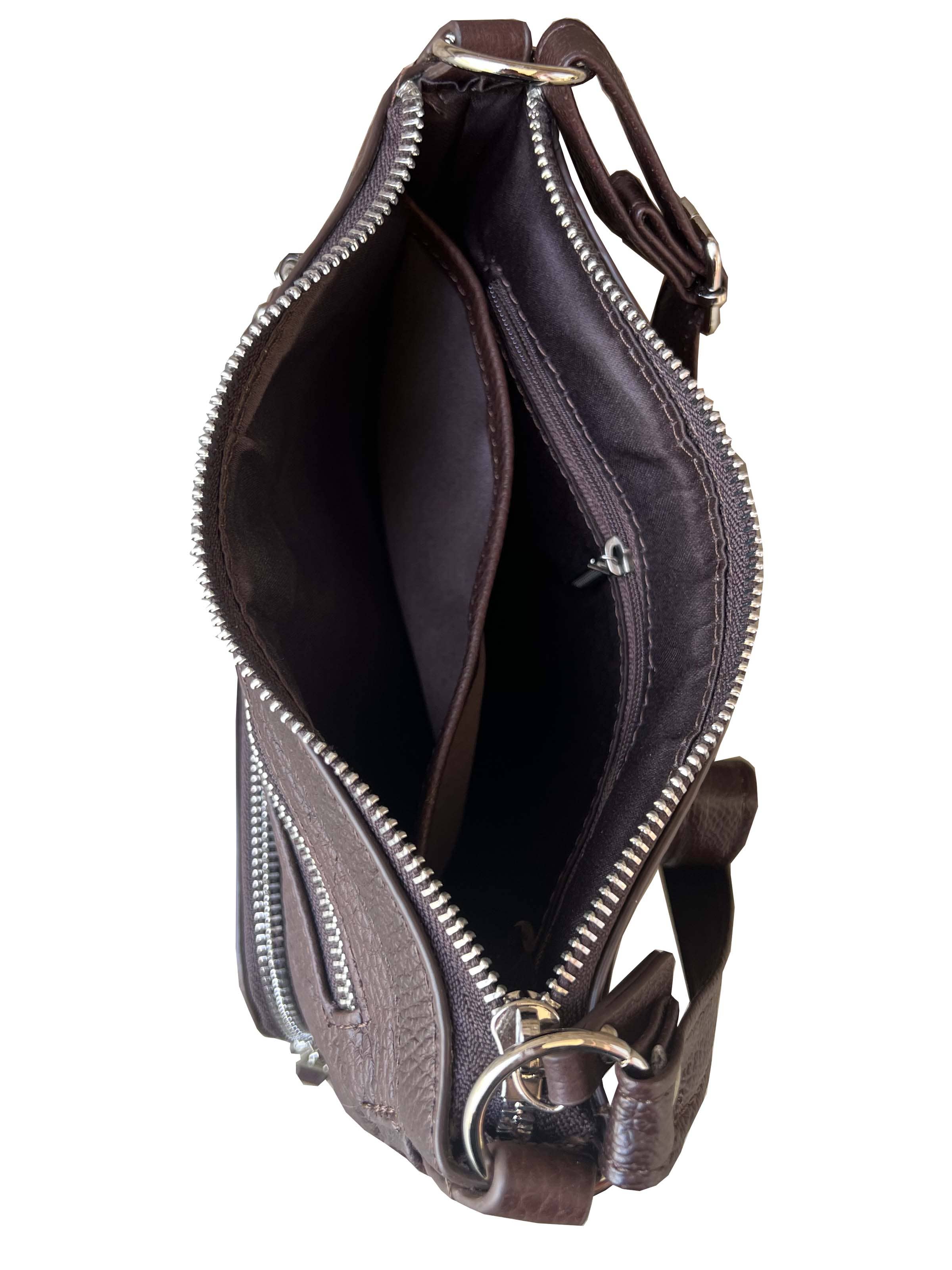 The 3018 Crossbody shoulder bag with organizer front by Roma Leathers, Inc. is shown from above with the main zipper open, revealing a spacious compartment, inner pocket, and silver hardware.