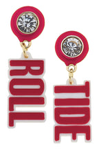 Make a bold statement on game day with the Alabama Crimson Tide Resin Block Letter Earrings in Crimson by Canvas Style. Each officially licensed earring features a round, gem-like stud with a playful dangling word—one reads “ROLL” and the other “TIDE”—in bright crimson block letters against a crisp white backdrop, perfect for passionate fans.
