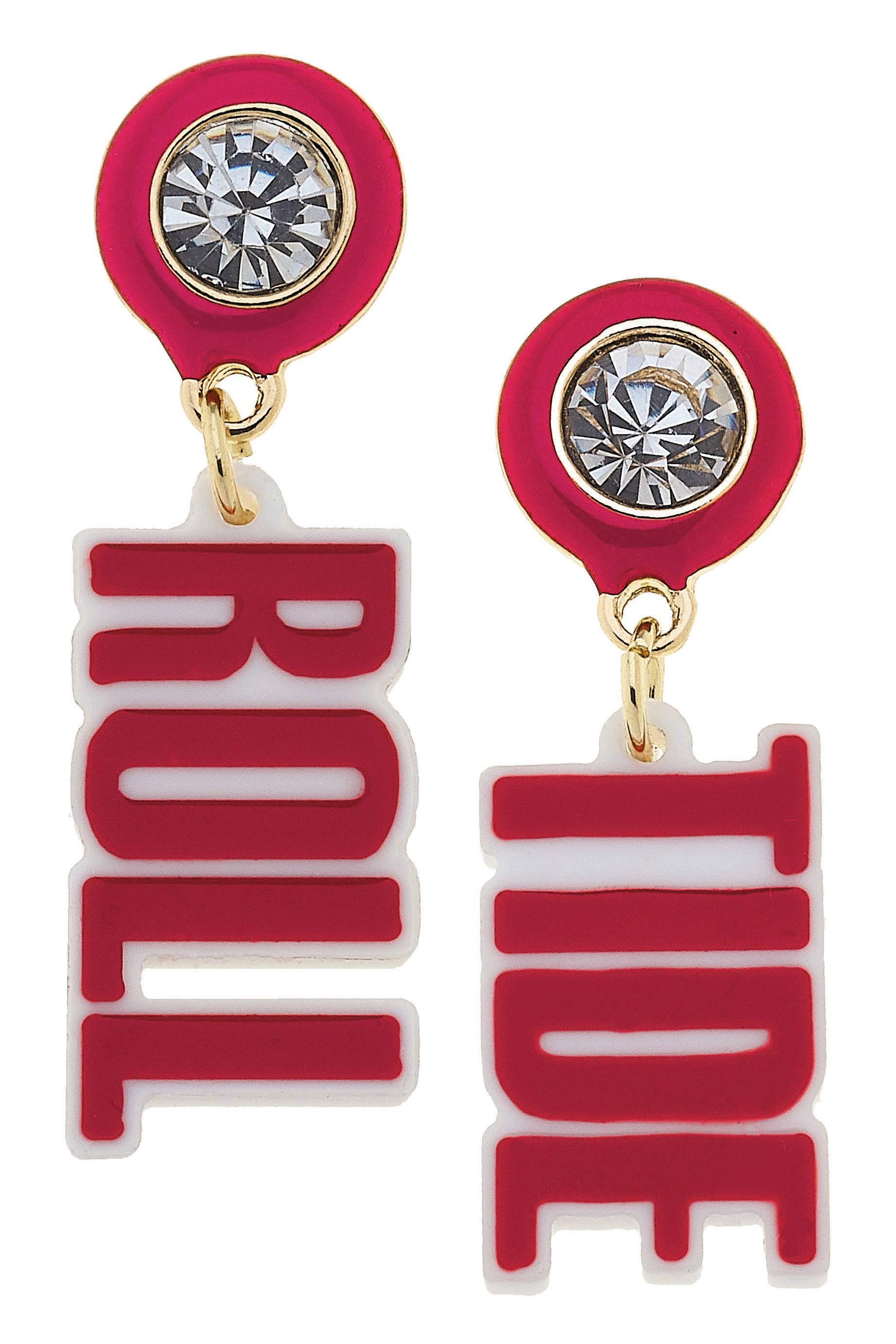 Make a bold statement on game day with the Alabama Crimson Tide Resin Block Letter Earrings in Crimson by Canvas Style. Each officially licensed earring features a round, gem-like stud with a playful dangling word—one reads “ROLL” and the other “TIDE”—in bright crimson block letters against a crisp white backdrop, perfect for passionate fans.