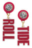 Make a bold statement on game day with the Alabama Crimson Tide Resin Block Letter Earrings in Crimson by Canvas Style. Each officially licensed earring features a round, gem-like stud with a playful dangling word—one reads “ROLL” and the other “TIDE”—in bright crimson block letters against a crisp white backdrop, perfect for passionate fans.