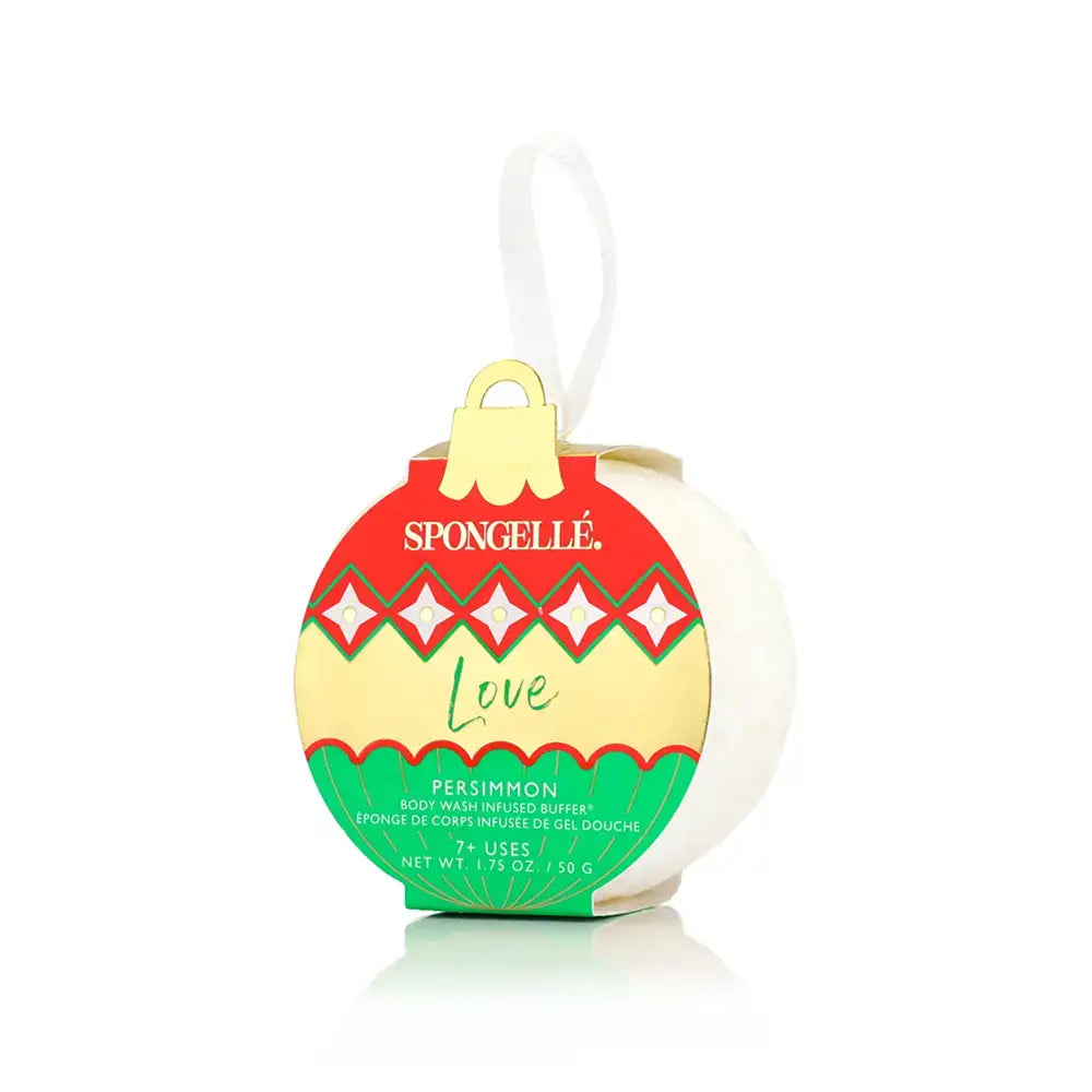 Faire Spongelle Holiday Bath Soap Sponges in festive red and green ornament-shaped packaging, labeled “Love” and “Persimmon” for a luxurious body wash experience.
