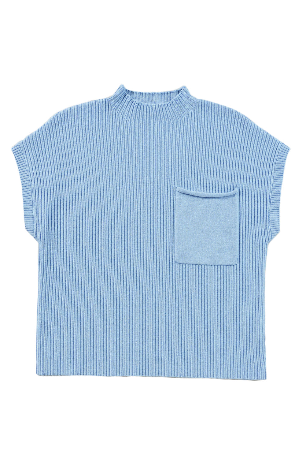 Image of the Shewin Patch Pocket Ribbed Knit Short Sleeve Sweater, showcasing a blue knit fabric with short sleeves, a round neckline, and a single chest pocket.