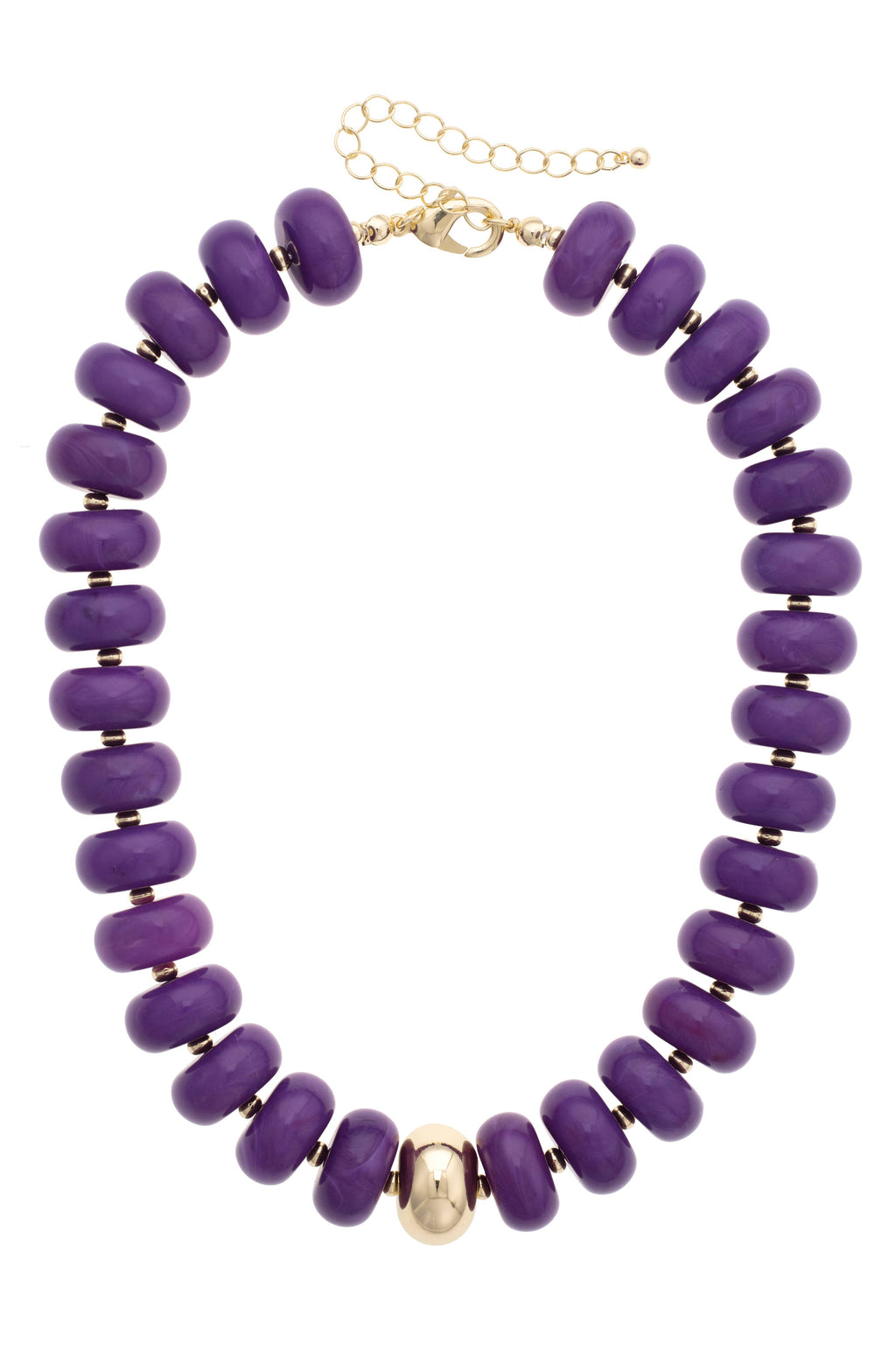 Canvas Style San Sebastián Beaded Resin Necklace: This statement piece showcases bold purple resin beads in large round shapes, accented with gold spacers, a single central gold bead, and an adjustable gold clasp chain.