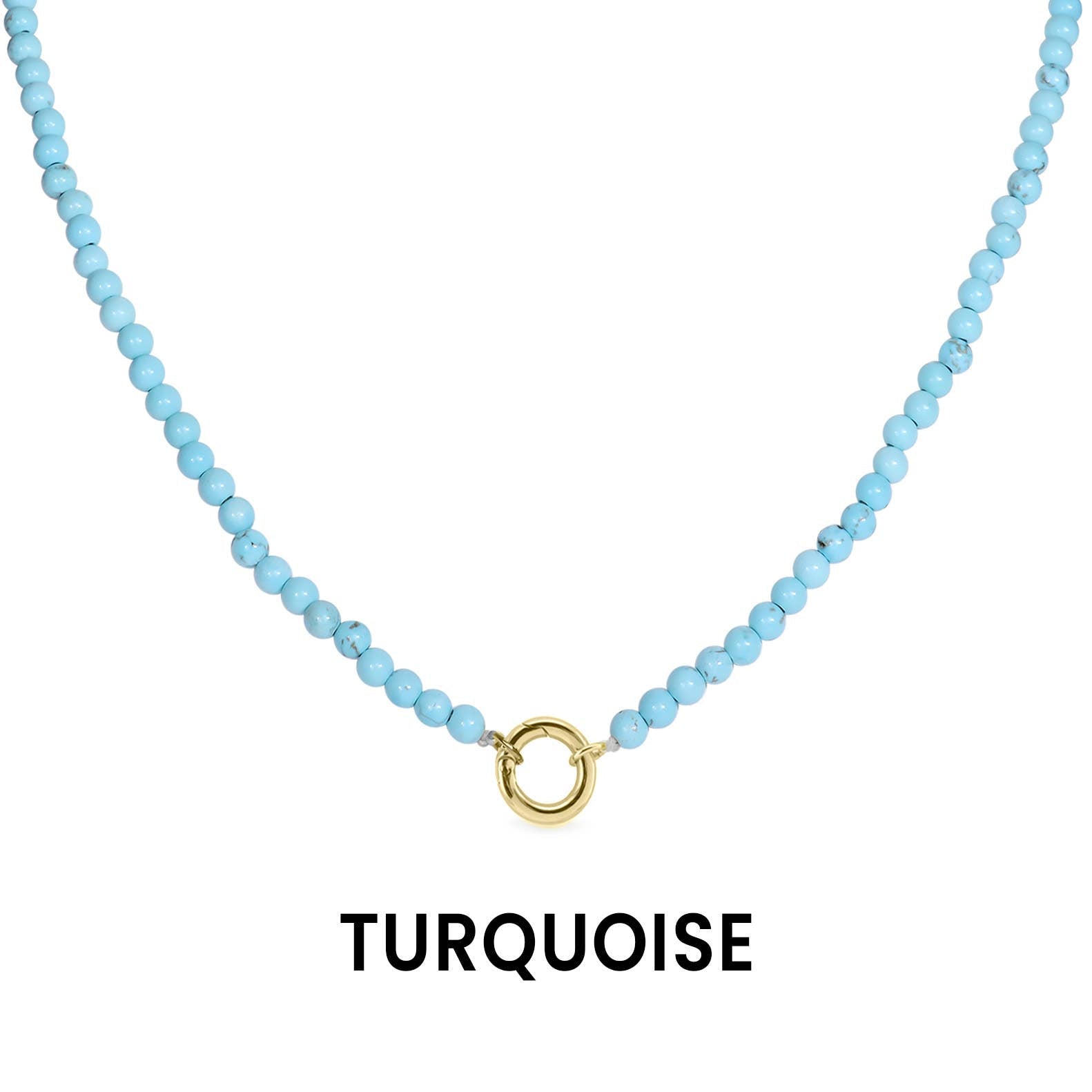 A Semi Precious Natural Stone Charm Keeper Necklace by WJW, featuring turquoise beads and an elegant 18K Gold PVD coated circular clasp, is displayed against a white background with the word "TURQUOISE" written below.