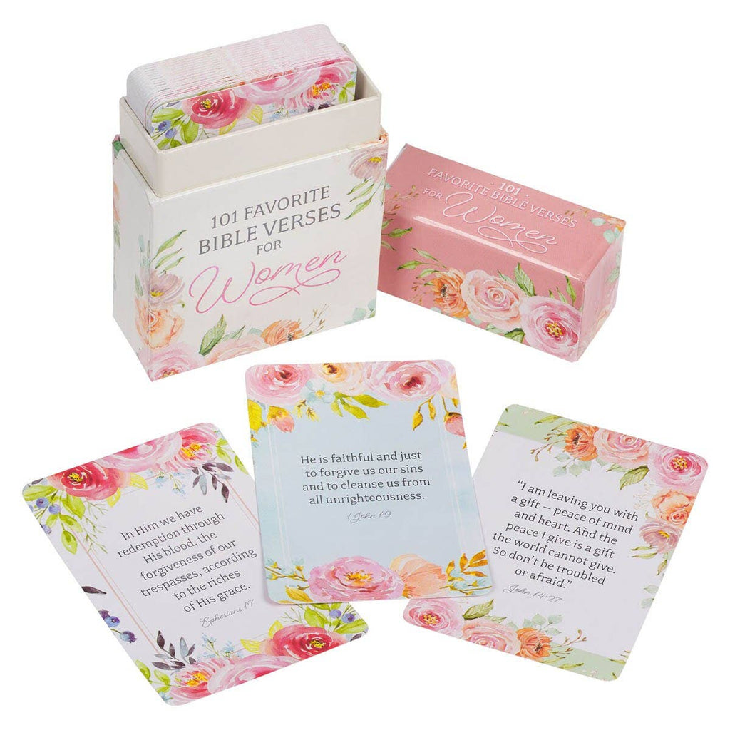 A beautifully displayed Box of Blessings Favorite Bible Verses for Women by Christian Art Gifts sits with several illustrated scripture cards spread out beside it. This inspiring collection is the perfect Christian gift, offering encouragement and faith to women through carefully chosen Bible verses.