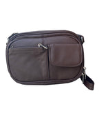 Faire 3013 Crossbody Bag with front organizer in dark brown cowhide leather, featuring an adjustable shoulder strap, a zippered front pocket, and a smaller flap-covered pocket.