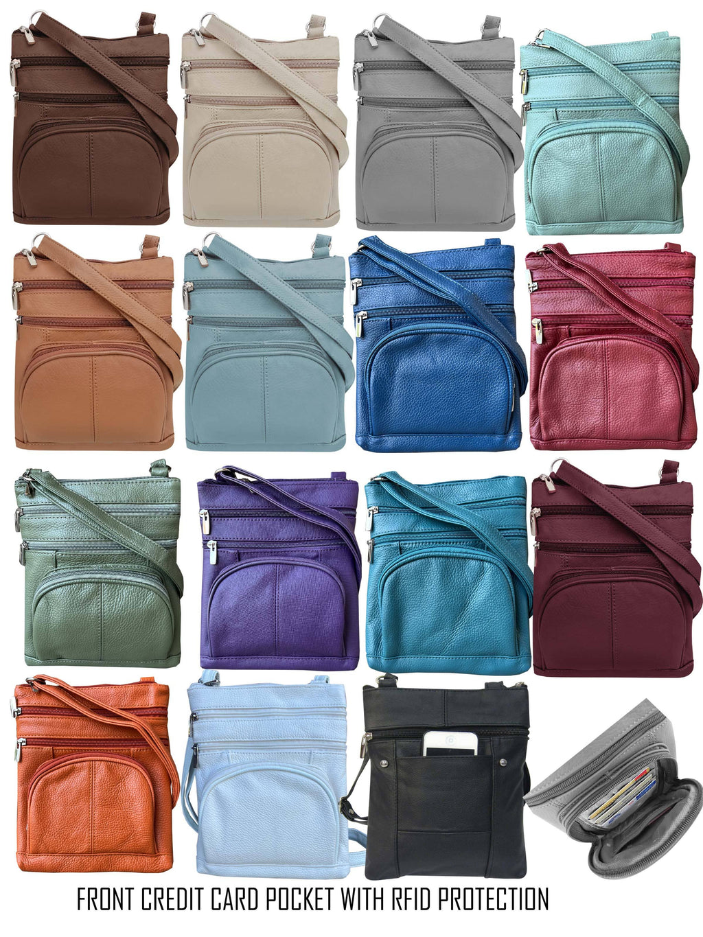Fourteen Roma Leathers, Inc. Cowhide leather Crossbody bags with phone pocket on the back are shown in various colors. Features include front zip pockets, credit card slots, RFID protection, and a coiled strap at the bottom right.