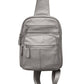 The Roma Leathers, Inc. Cowhide leather sling bag backpack features gray cowhide leather, multiple zippered compartments, and an adjustable shoulder strap.