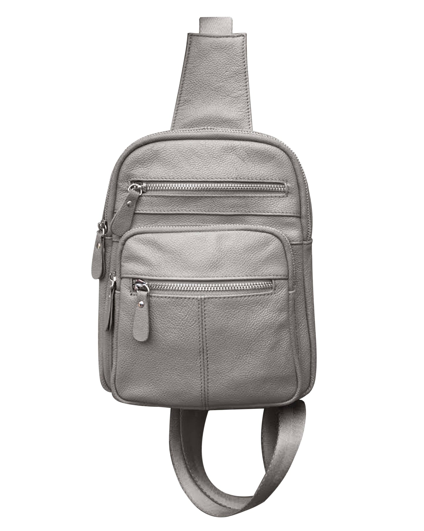 The Roma Leathers, Inc. Cowhide leather sling bag backpack features gray cowhide leather, multiple zippered compartments, and an adjustable shoulder strap.