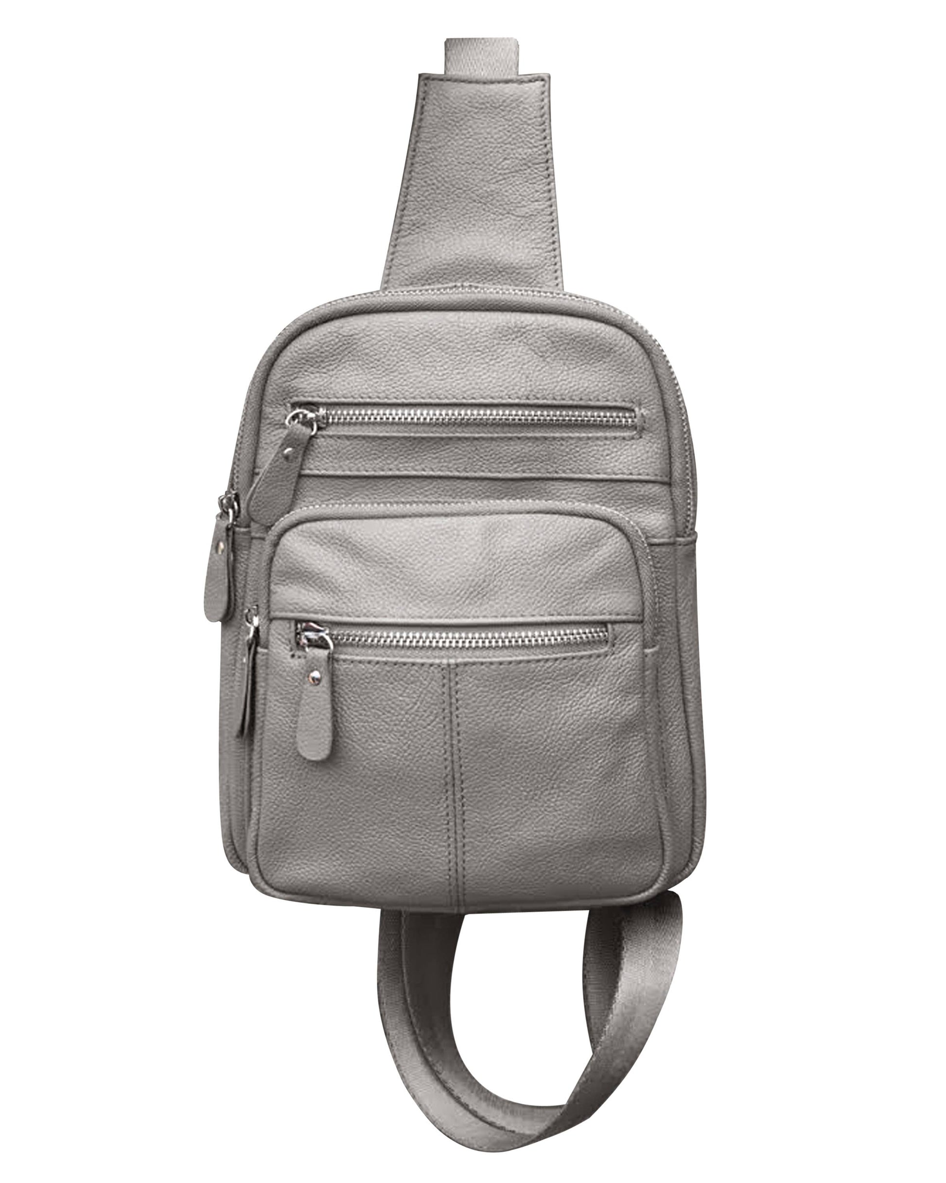 The Roma Leathers, Inc. Cowhide leather sling bag backpack features gray cowhide leather, multiple zippered compartments, and an adjustable shoulder strap.