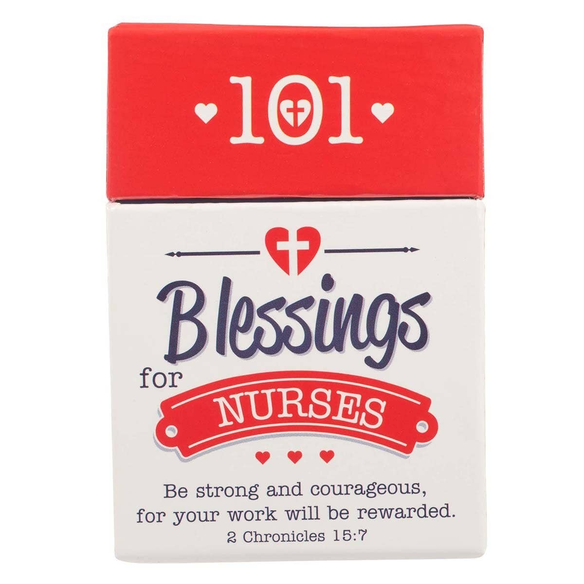 A "Box of Blessings for Nurses" from Christian Art Gifts features inspiring scripture cards and a Bible verse from 2 Chronicles 15:7, adorned with heart graphics on a crisp white and red background—making it a perfect gift for nurses.