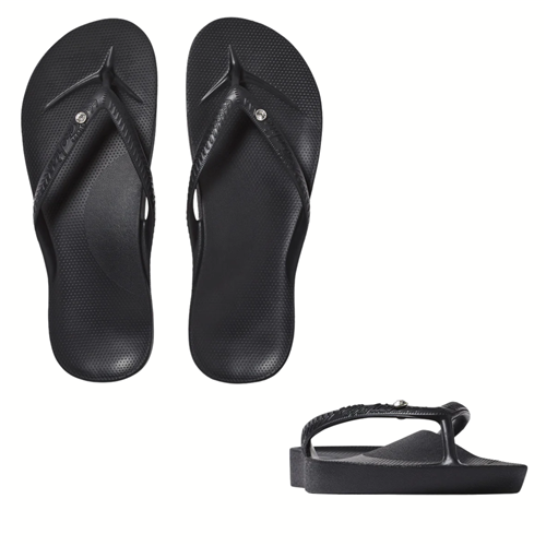 Archies Arch Support Flip Flops Crystal Black by ARCHIES FOOTWEAR LLC are displayed from top and side angles on a white background, showcasing their supportive design and built-in arch support. Main image