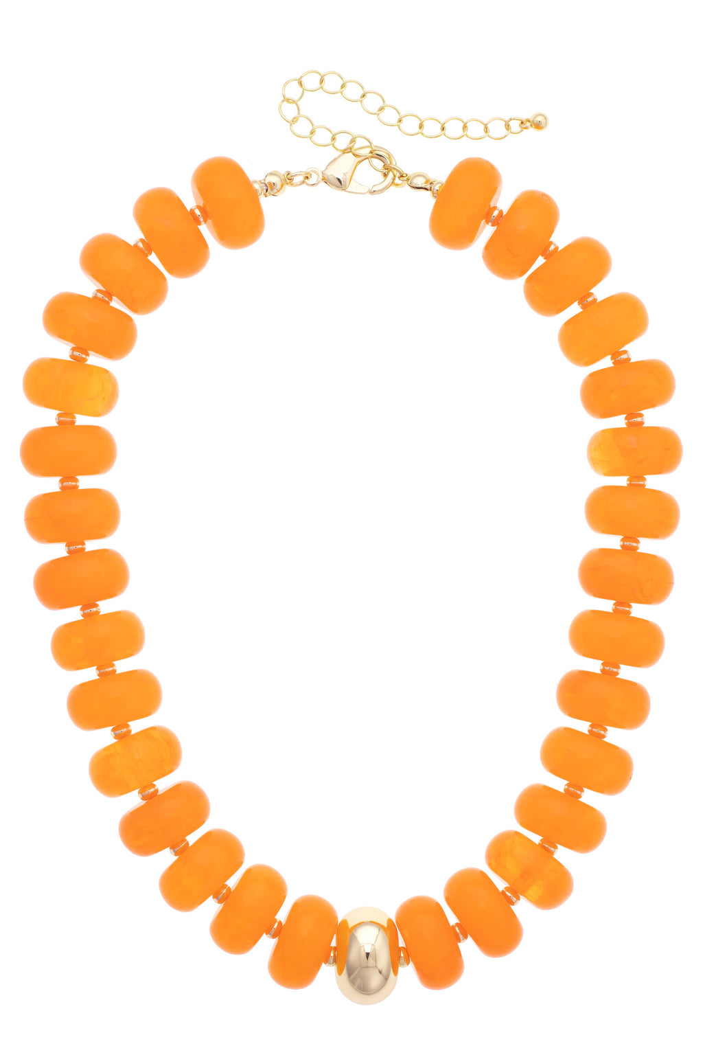 Introducing the San Sebastián Beaded Resin Necklace by Canvas Style: a statement piece adorned with large, round orange resin beads and highlighted by a single gold bead at the center, finished with a gold chain clasp.