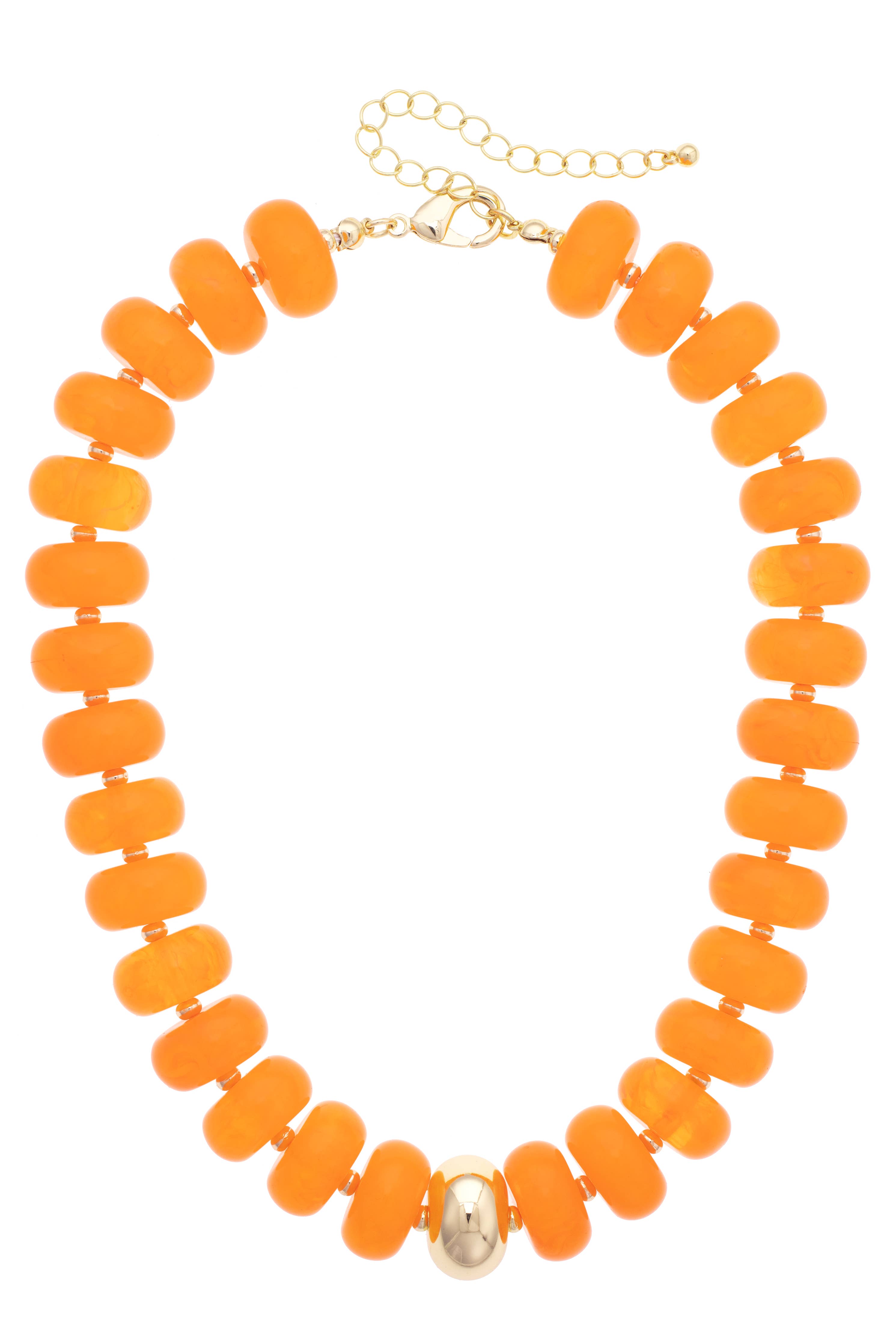 Introducing the San Sebastián Beaded Resin Necklace by Canvas Style: a statement piece adorned with large, round orange resin beads and highlighted by a single gold bead at the center, finished with a gold chain clasp.
