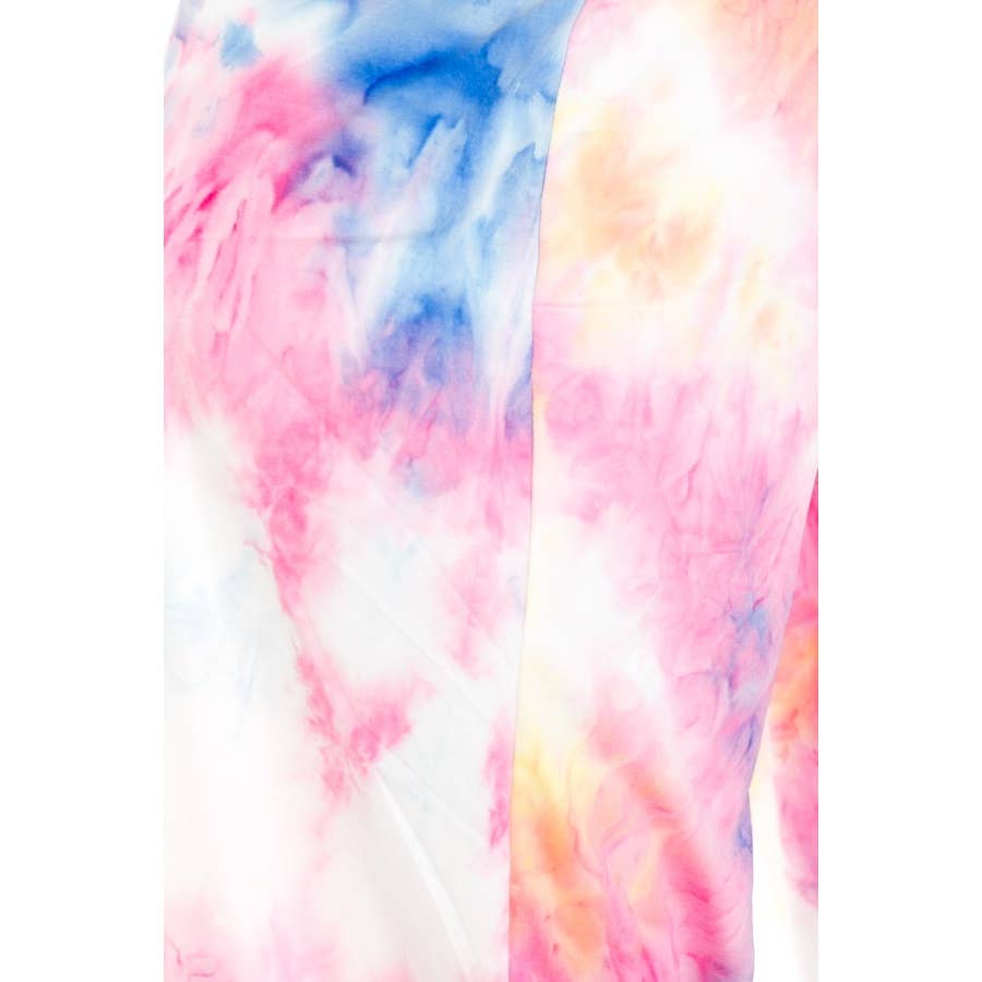 Close-up of Leggings Depot Buttery Soft Print Pajama Pants featuring a vibrant tie-dye pattern in pink, blue, yellow, and white.