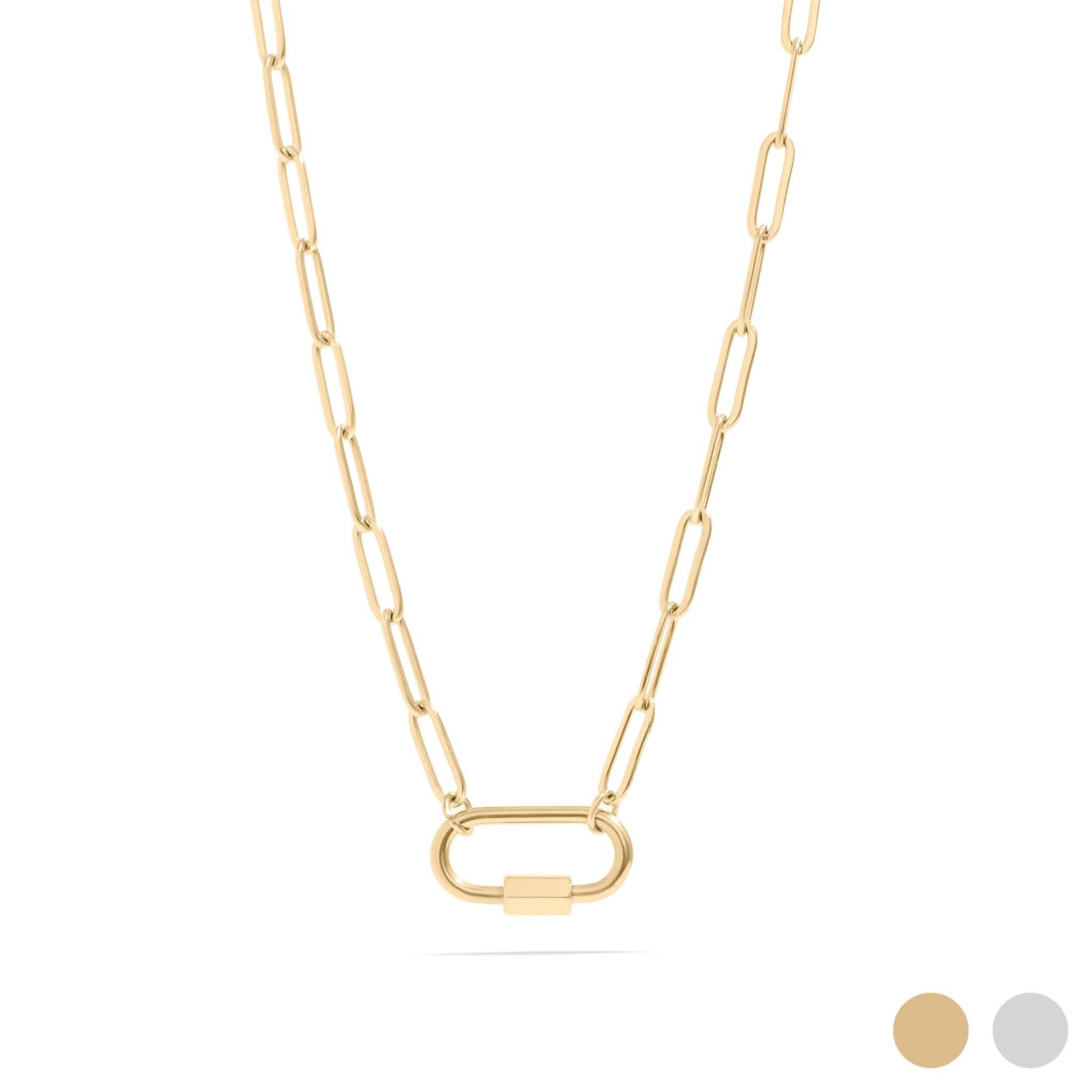 WJW 18K Gold PVD Paperclip Carabiner Necklace featuring elongated links in a classic paperclip style and an oval carabiner clasp, displayed on a white background with both gold and silver color options shown in the bottom right corner. This customizable necklace is perfect as a Carabiner Charm Holder, allowing you to add your favorite charms for a personal touch. Main image