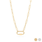 WJW 18K Gold PVD Paperclip Carabiner Necklace featuring elongated links in a classic paperclip style and an oval carabiner clasp, displayed on a white background with both gold and silver color options shown in the bottom right corner. This customizable necklace is perfect as a Carabiner Charm Holder, allowing you to add your favorite charms for a personal touch.