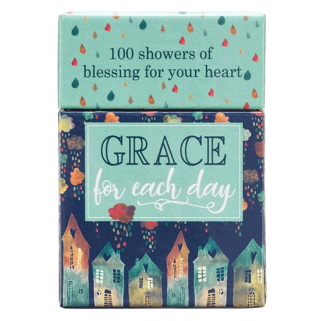 The Box of Blessings Grace for Each Day from Christian Art Gifts features charming illustrations of houses and raindrops, labeled "GRACE for each day" and "100 showers of blessing for your heart." Inside, you'll discover Scripture cards filled with inspirational verses to encourage your spirit each day.