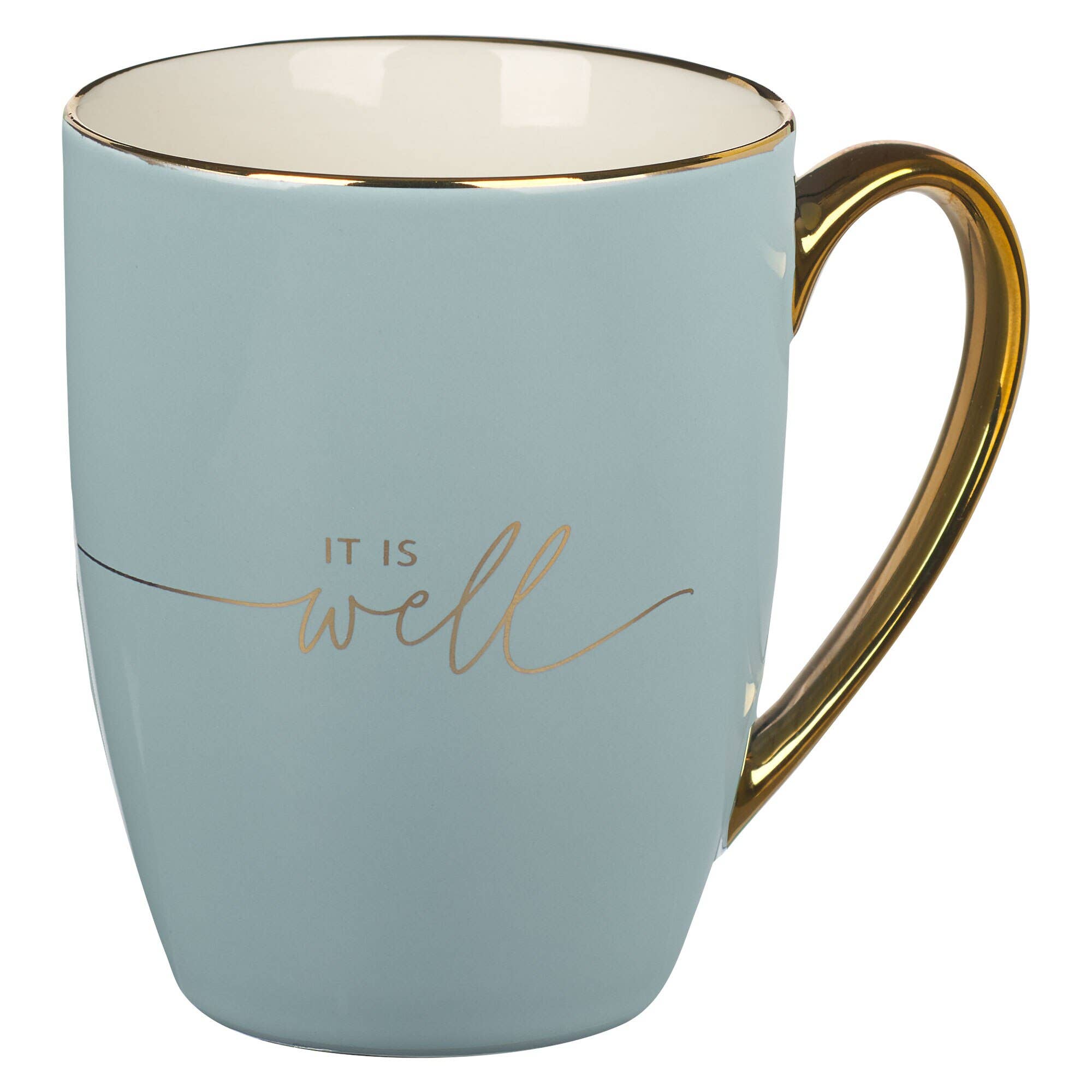 A light blue and cream ceramic coffee mug by Christian Art Gifts, this "It is Well with My Soul" mug features a gold handle and the phrase elegantly inscribed in gold script on the side. Main image