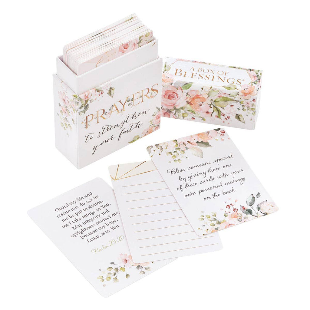 A Box of Blessings Prayers to Strengthen Your Faith by Christian Art Gifts, featuring a floral-themed box labeled “Prayers” with coordinating Scripture-filled prayer cards—some displaying Bible verses and others left blank for personalized notes—neatly arranged on a white surface. Inspired by 50 Prayers That Strengthen Your Faith, this set is ideal for offering encouragement and nurturing spiritual growth.