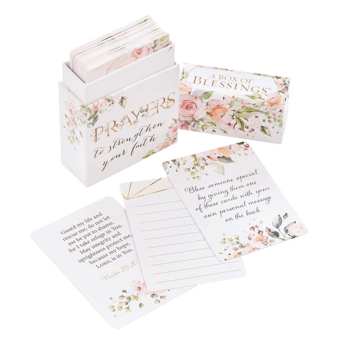 A Box of Blessings Prayers to Strengthen Your Faith by Christian Art Gifts, featuring a floral-themed box labeled “Prayers” with coordinating Scripture-filled prayer cards—some displaying Bible verses and others left blank for personalized notes—neatly arranged on a white surface. Inspired by 50 Prayers That Strengthen Your Faith, this set is ideal for offering encouragement and nurturing spiritual growth.