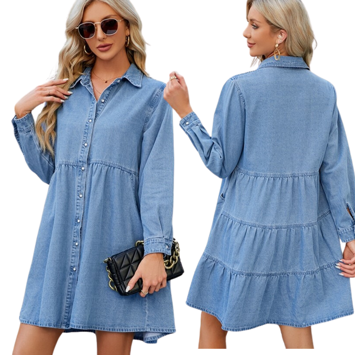 Two views of a woman wearing the Washed Denim Tiered Dress with Pockets by FASHION GO, holding a black quilted handbag.