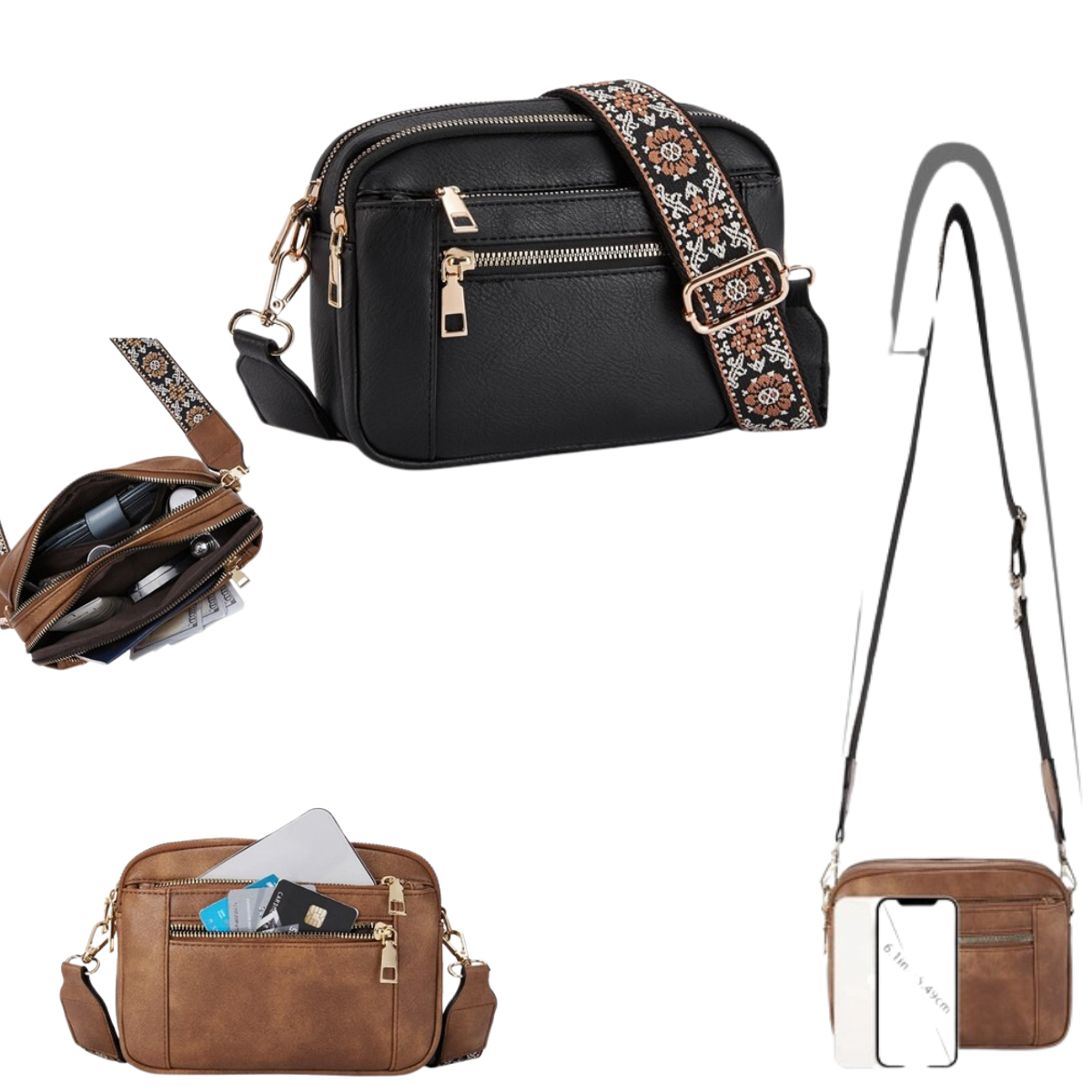 A collection of FASHION GO's faux leather crossbody bags highlights both style and functionality. The Quilted Look Faux Leather Crossbody Bag in black, featuring a quilted strap and multiple zippers, stands out prominently. Two brown bags, crafted from PU leather, display various perspectives, each showcasing compartments and card slots.