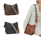 Flipflops & Whatnots offers crossbody bags in brown and black, featuring durable, wide guitar straps for versatile styling. A person is wearing the brown Crossbody Bag with Guitar Strap across their shoulder.