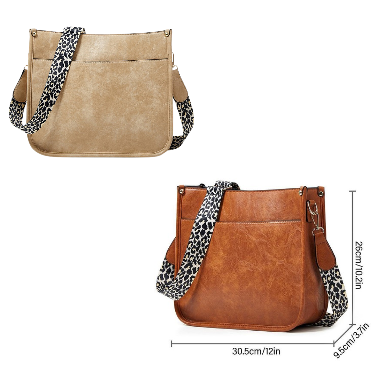 Two FASHION GO Vegan Leather Leopard Strap Crossbody Shoulder Bags: one in beige and one in brown, each featuring a stylish leopard-print strap. These bags are made from vegan leather and measure 30.5cm wide, 26cm high, and 9.5cm deep.