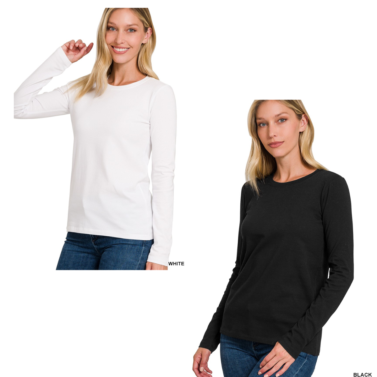 Two images feature a person in FASHION GO's Cotton Crew Neck Long Sleeve T-Shirts. On the left, the individual wears a white cotton crew neck paired with blue jeans, while on the right, they sport a black shirt matched with blue jeans, emphasizing the comfort provided by its cotton spandex fabric. Main image