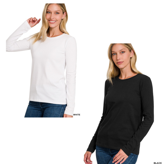 Two images feature a person in FASHION GO's Cotton Crew Neck Long Sleeve T-Shirts. On the left, the individual wears a white cotton crew neck paired with blue jeans, while on the right, they sport a black shirt matched with blue jeans, emphasizing the comfort provided by its cotton spandex fabric.