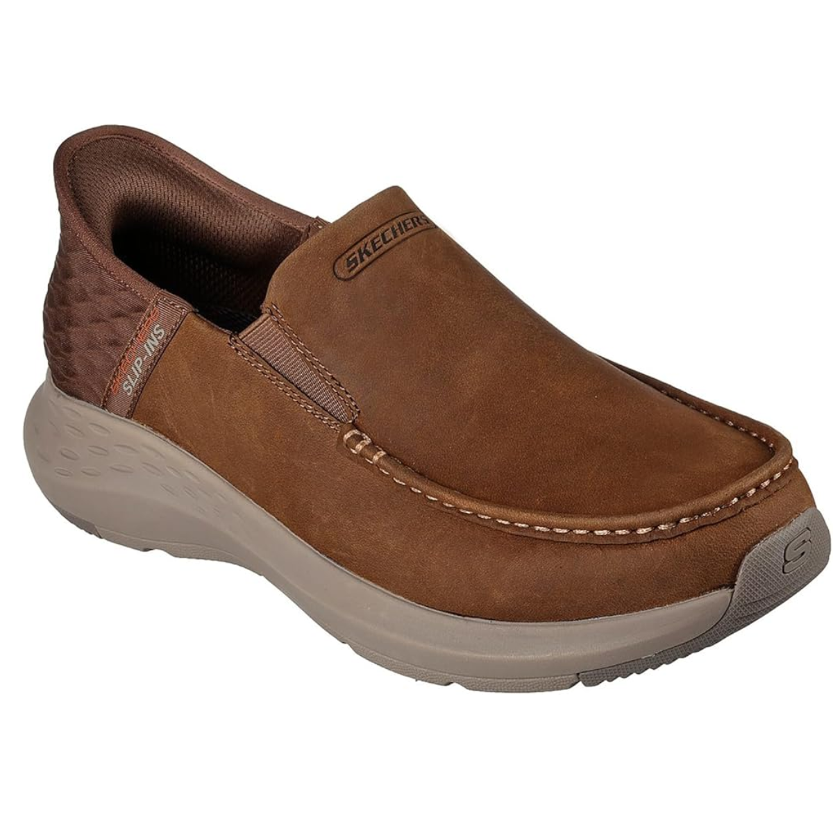 Parson Men's Slip-Ons in Desert Brown by SKECHERS USA INC offer a textured heel and gray sole, with elastic panels, stitching details, and Goga Mat Arch cushioning for enhanced comfort.