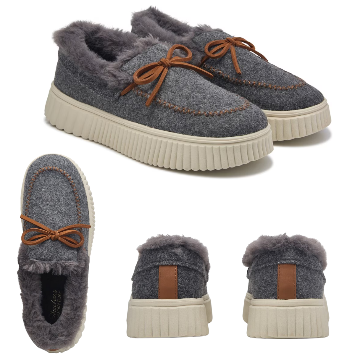 The Cozy Ojai Moccasin Slipper Shoe in Grey by SKECHERS USA INC showcases a gray moccasin-style with cozy fur lining, brown laces, and thick white soles visible from several angles. Experience ultimate comfort with its memory foam footbed.