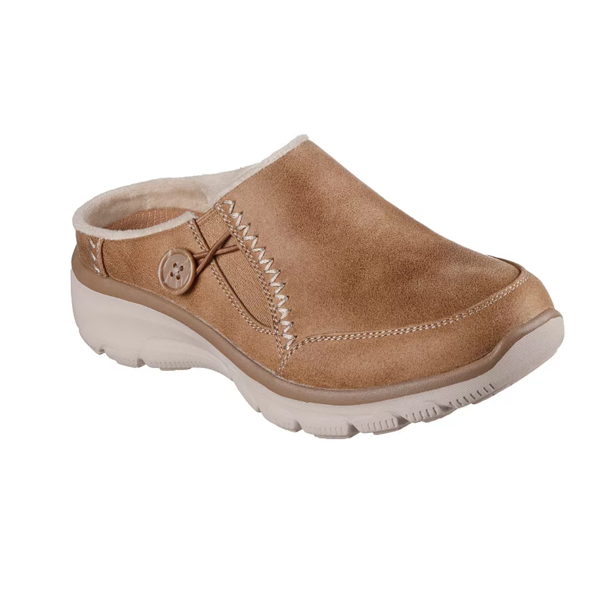 Easy Going Open Back Clog in Tan by Skechers features a relaxed fit, microleather exterior, plush lining, button detail, and textured sole.