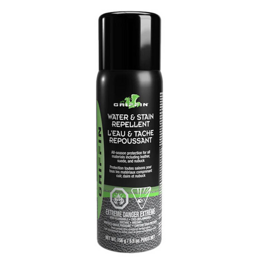 A can of AGS Footwear Water & Stain Repellent - Aerosol Spray, featuring bilingual text, a green logo, and warnings. This product ensures all-season protection for various materials, effectively helping to prevent stains.