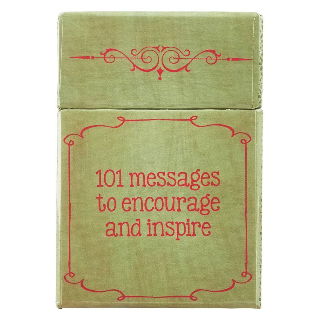 A green Box of Blessings of Grace by Christian Art Gifts, with red decorative lines and the text “101 messages to encourage and inspire” on the front—featuring uplifting inspirational quotes to brighten your day.