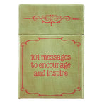A green Box of Blessings of Grace by Christian Art Gifts, with red decorative lines and the text “101 messages to encourage and inspire” on the front—featuring uplifting inspirational quotes to brighten your day.