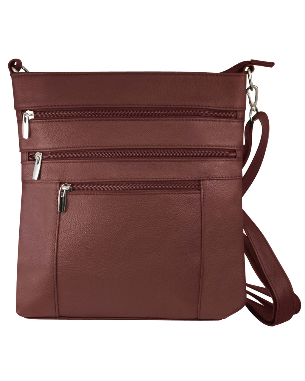 The Roma Leathers, Inc. Cowhide Leather Crossbody features brown cowhide leather, three zippered pockets, and an adjustable shoulder strap.