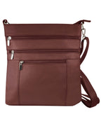 The Roma Leathers, Inc. Cowhide Leather Crossbody features brown cowhide leather, three zippered pockets, and an adjustable shoulder strap.