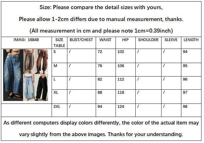 Sizing chart for Dipped Shop's Leopard Print Loose Midi Waist Wide Leg Jeans in S-2XL, with bust/chest, waist, hip, shoulder, sleeve, and length (cm). Features micro stretch denim and illustrated wide-leg style.