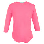 The Amanda Blu 3/4 Sleeves Tee, shown in plain pink on a white background, is crafted from soft rayon and spandex—an essential staple for effortless style.