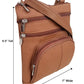 The Roma Leathers, Inc. Cowhide leather crossbody with phone pocket features tan cowhide leather, three zippered pockets, an adjustable strap, and measures 8.5" tall by 7" wide.