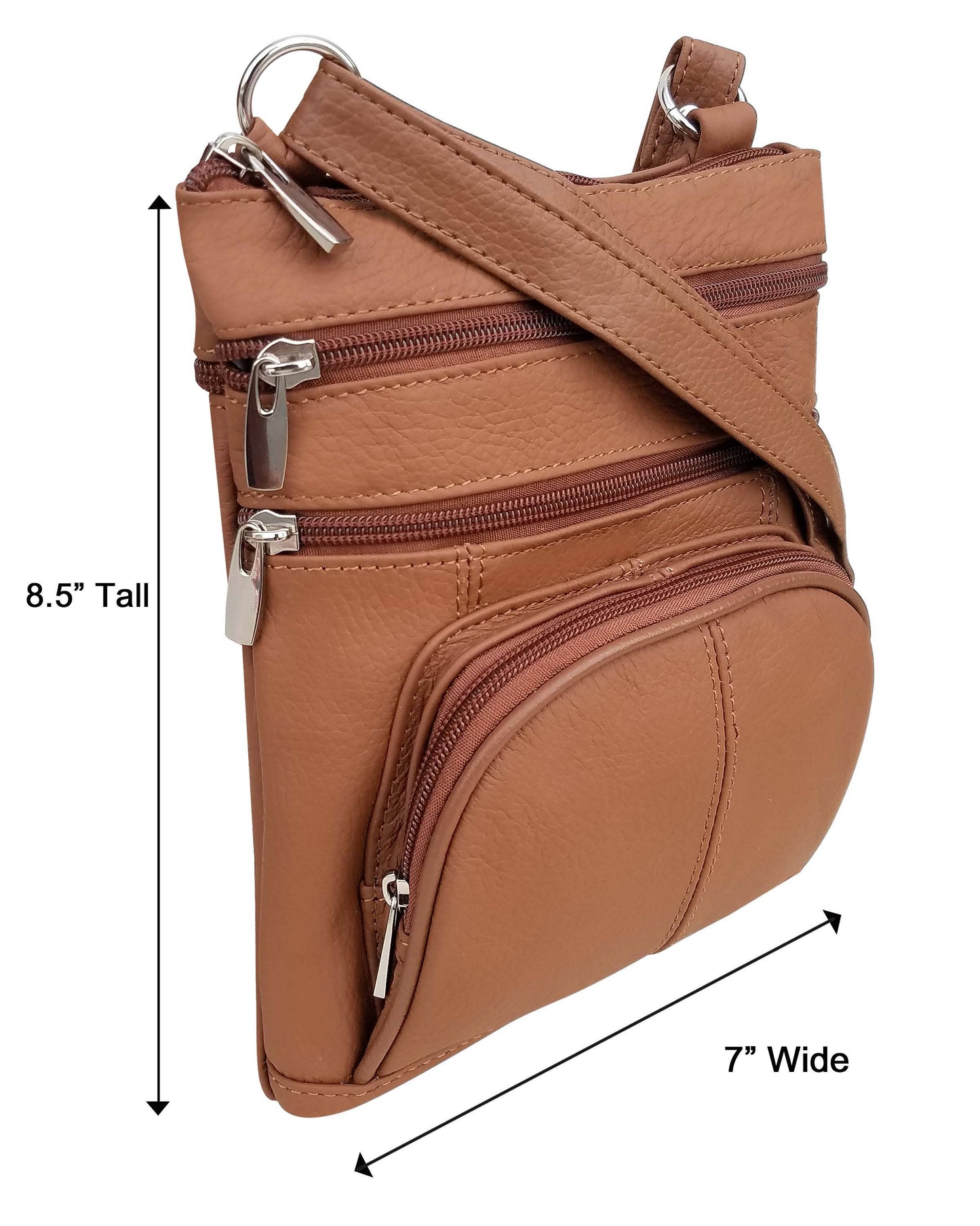 The Roma Leathers, Inc. Cowhide leather crossbody with phone pocket features tan cowhide leather, three zippered pockets, an adjustable strap, and measures 8.5" tall by 7" wide.