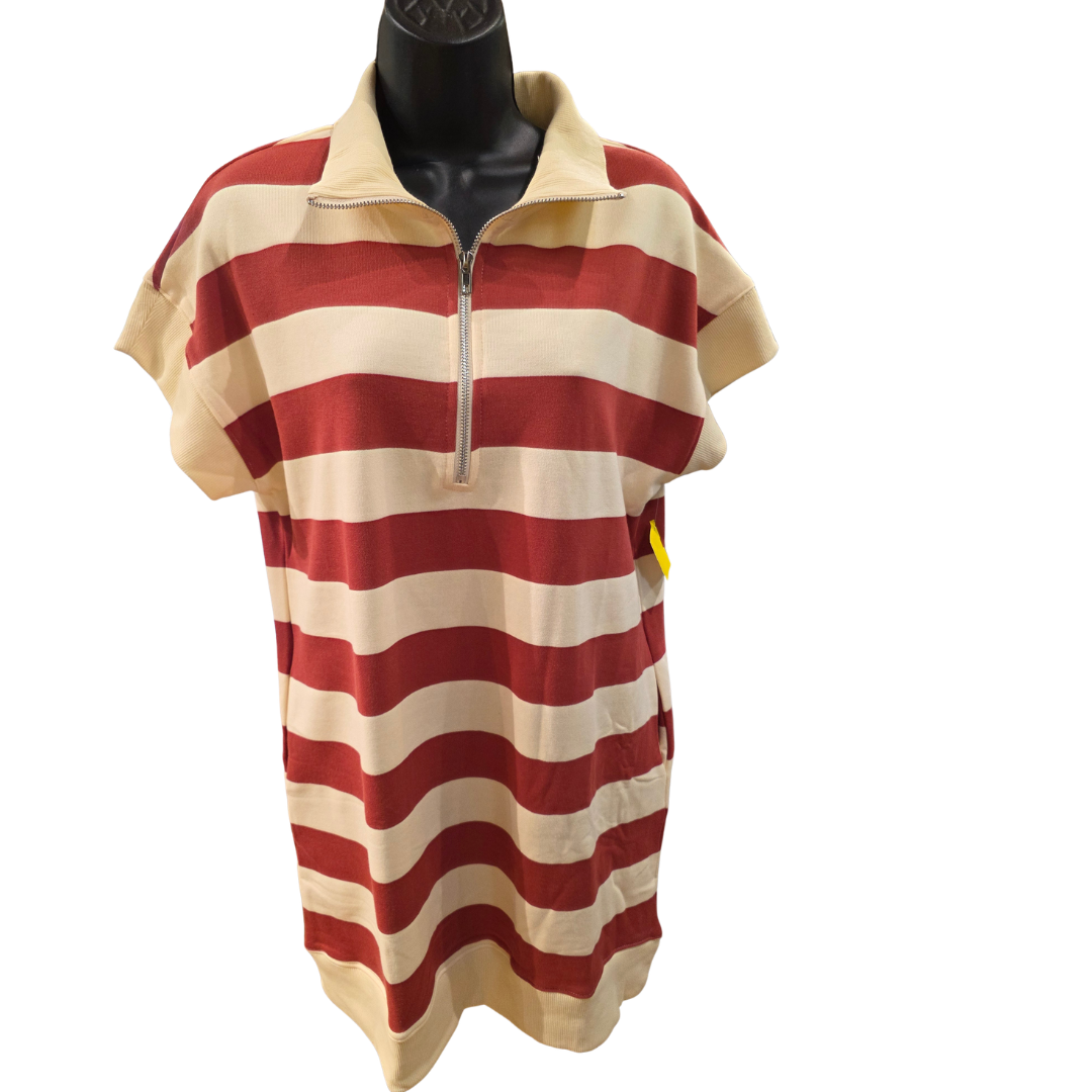 The Carole Christian Striped Sporty Dress features beige and red stripes, a half-zip collar, and short sleeves, shown here on a black mannequin. Main image